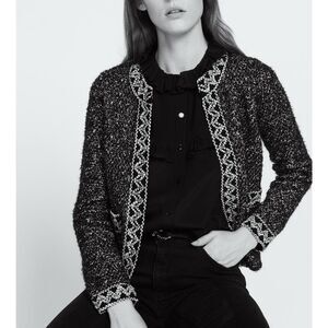 Sandro Cladie Lurex Tweed Jacquard Open Knit Cardigan Sweater Jacket Medium 2